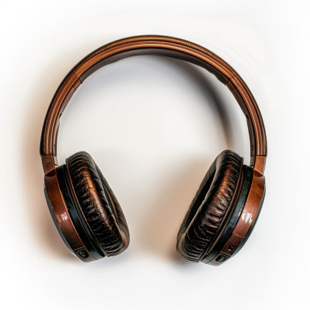 A pair of stylish brown over-ear headphones designed for comfort and superior sound quality, perfect for music lovers and gamers seeking an immersive audio experience.の素材