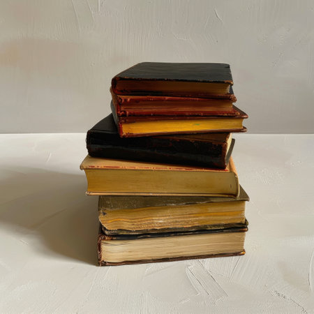 A beautifully arranged stack of vintage books with worn covers and aged pages, offering a classic touch to any space while enhancing the love for reading and learning.の素材