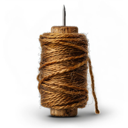 This image features a rustic wooden spool wrapped with brown twine, complete with a needle on top, set against a clean white background, perfect for craft use.の素材