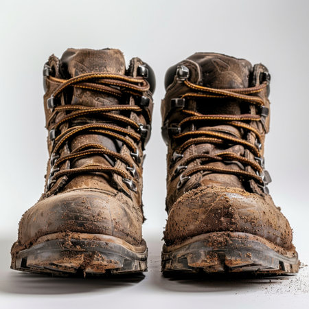 A pair of muddy work boots are displayed on a white background, showcasing their rugged design and wear, perfect for outdoor, construction, or adventure themes.の素材