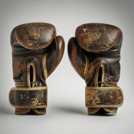 These vintage boxing gloves exhibit a unique distressed texture, showcasing their character and history. Perfect for sport-themed decor or artistic projects.の素材
