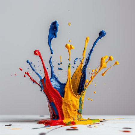 A captivating image of vibrant paint splashes in red, blue, yellow, and orange, showcasing dynamic movement. Perfect for artistic, creative projects and colorful backgrounds.の素材
