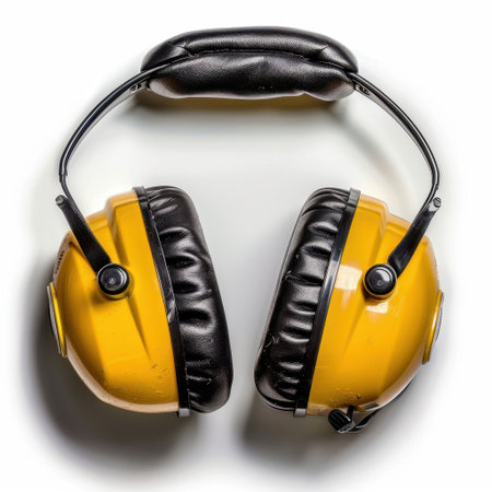 Bright yellow ear protection headphones showcase durability and comfort for noise reduction in workshops and construction sites, ensuring safety and hearing preservation.の素材