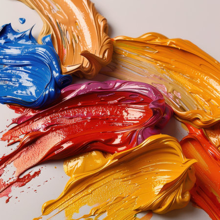 This stunning image showcases vibrant swirls of colorful paint on a smooth canvas, perfect for artistic backgrounds and creative projects, evoking inspiration and energy.の素材