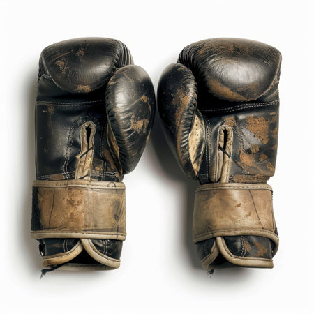 A pair of vintage boxing gloves with visible signs of wear, embodying the spirit of sports history. Ideal for themes of fitness, training, or nostalgia.の素材