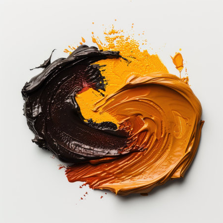 A mesmerizing blend of black, orange, and yellow paints swirls on a white surface, showcasing an artistic and vibrant composition that inspires creativity.の素材