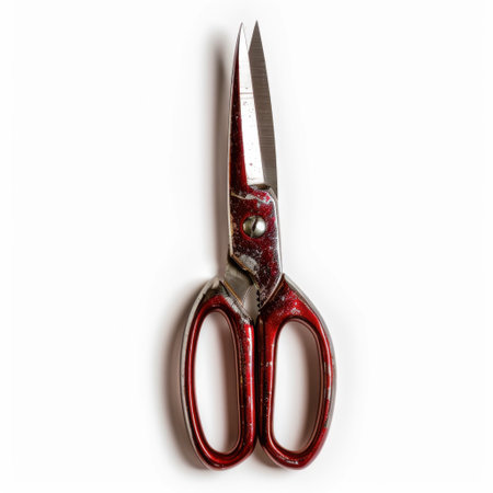 A pair of vintage red scissors lies on a clean white background, showcasing their sharp blades and ergonomic design. Perfect for crafting and everyday tasks.の素材