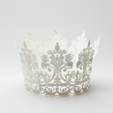 This stunning white paper crown features intricate floral and leaf patterns, ideal for decorations, crafts, and events. A beautiful accent for any festive occasion.の素材