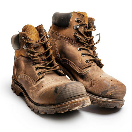 Detailed image of a pair of worn-out brown work boots showcasing scuffs and scratches, ideal for illustrating durability in construction and outdoor settings.の素材