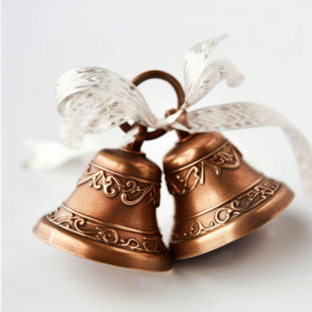 These decorative copper bells feature a delicate ribbon, perfect for adding a touch of elegance to your celebrations, weddings, and holiday decor.の素材