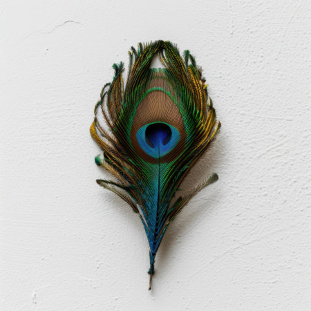 A stunning peacock feather showcases a burst of vibrant colors and intricate patterns against a soft white background, perfect for nature-inspired decor or artistic projects.の素材