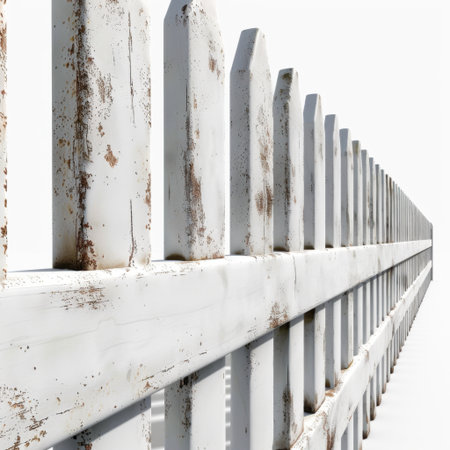 A weathered white wooden fence adds rustic charm and character to any outdoor space. The detailed texture of the fence enhances the natural beauty of garden designs.の素材