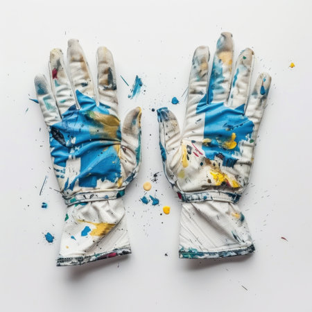 Colorful paint-stained gloves lay on a clean white surface, showcasing the beauty of creativity and artistic expression through vibrant splatters and textures.の素材