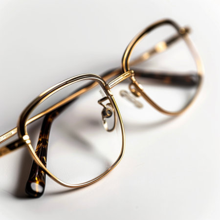 Stylish vintage eyeglasses feature gold frames with tortoise shell arms, elegantly displayed on a white backdrop, ideal for fashion and eyewear photography.の素材