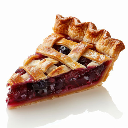 A tempting slice of berry pie showcasing a beautifully baked golden crust with a rich, fruity filling. Perfect for capturing the essence of homemade desserts.の素材