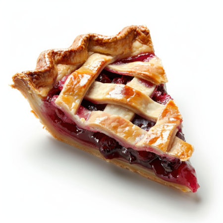 This delightful slice of cherry pie presents a golden crust and rich red filling, perfect for dessert lovers. Capture the essence of homemade comfort food.の素材