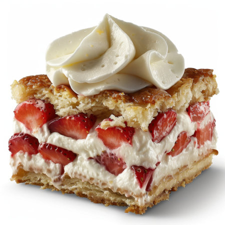 A mouthwatering slice of dessert featuring layers of flaky pastry, fresh strawberries, and creamy topping. Perfect for summer gatherings or sweet celebrations.の素材