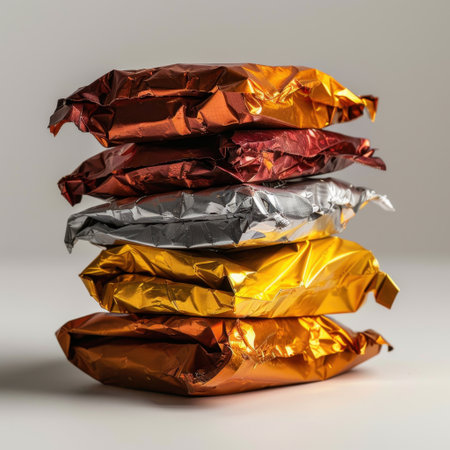 A creative stack of colorful shiny foil wrappers showcases a vivid array of textures and colors, perfect for artistic culinary photography and food-related projects.の素材