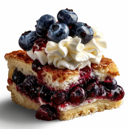 A mouthwatering slice of dessert featuring fresh blueberries, creamy topping, and a rich base. Perfect for culinary showcases, this treat delights the senses.の素材