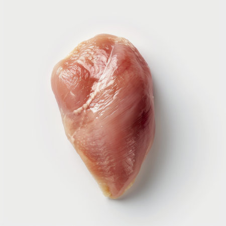 A single fresh raw chicken breast piece displayed on a plain background, ideal for culinary projects, cookbooks, and meal preparation inspirations.の素材
