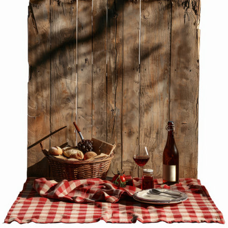 A charming rustic dining table setting featuring a picnic blanket, wine glass, and fresh ingredients, perfect for outdoor meals or gatherings in nature.の素材