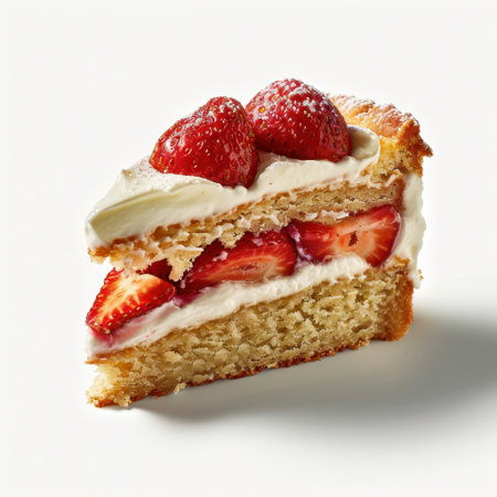 Delight in this beautifully sliced strawberry cake with layers of fresh cream and strawberries. A perfect indulgence for any sweet tooth or celebration.の素材