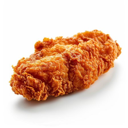 A beautifully presented fried chicken breast piece, showcasing its crispy golden texture against a clean white backdrop. Ideal for various culinary uses and food marketing.の素材