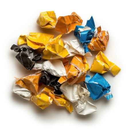A vibrant collection of crumpled paper wrappers in various bright colors, artfully arranged on a white surface, perfect for inspiration in creative projects.の素材