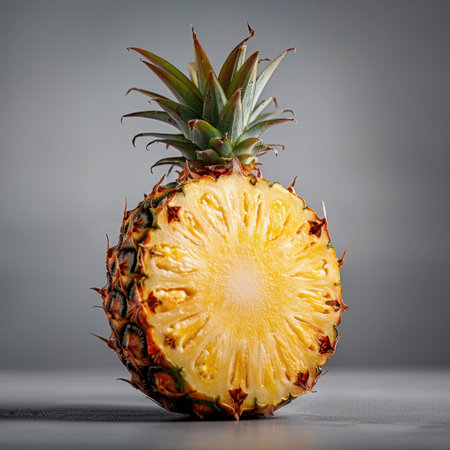 This image showcases a freshly cut pineapple, revealing its juicy, vibrant yellow interior and spiky green leaves, perfect for culinary inspirations and food presentations.の素材