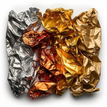 A vibrant arrangement of crumpled foil textures in silver, red, and gold set against a white background. Ideal for creative projects, art, or modern design needs.の素材