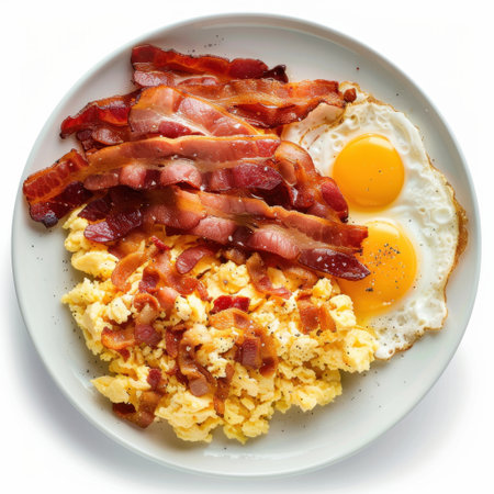 A mouthwatering breakfast plate featuring fluffy scrambled eggs, crispy bacon strips, and perfectly fried sunny-side-up eggs, ideal for any morning meal.の素材