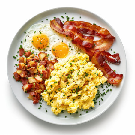 A visually appealing breakfast plate featuring scrambled eggs, crispy bacon strips, fried eggs, and diced potatoes, garnished with fresh chives on a white plate.の素材