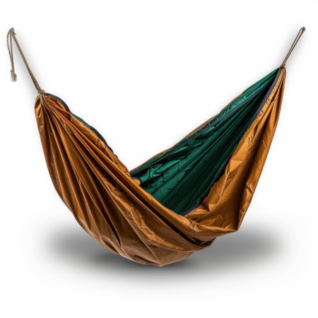 A vibrant and colorful hammock suspended in mid-air, perfect for outdoor relaxation and leisure activities. Ideal for summer vacations and adventures in nature.の素材