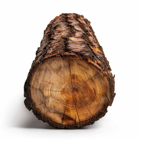 A detailed close-up of a wooden log end showcasing the intricate texture of bark and distinctive growth rings, ideal for nature-inspired designs and backgrounds.の素材