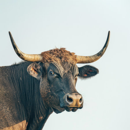 The image captures a majestic bull with prominent curved horns standing gracefully against a serene blue sky, embodying the essence of rural tranquility and natural beauty.の素材