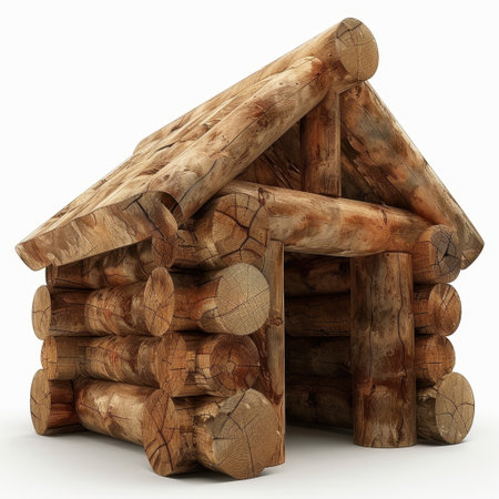 This image showcases a rustic log cabin constructed from large timber, ideal for themes of nature, outdoors, and craftsmanship, evoking a sense of tranquility and simplicity.の素材