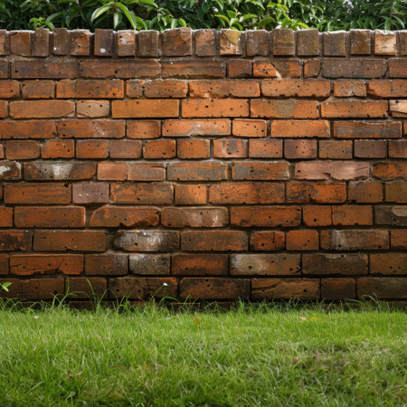 This image features a textured brown brick wall set against a backdrop of vibrant green grass, perfect for architectural and landscaping projects.の素材