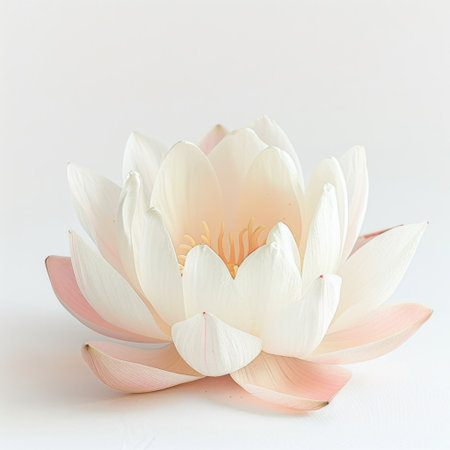 Discover the enchanting beauty of a white lotus flower with soft pink edges, symbolizing purity and tranquility. Perfect for nature lovers and design projects.の素材