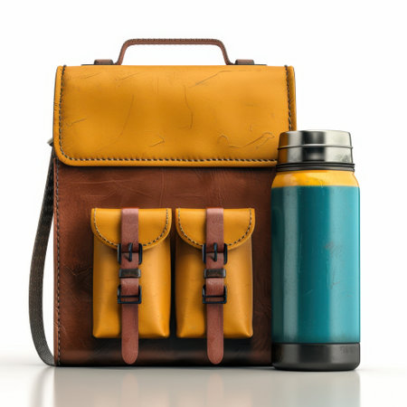 A striking combination of a leather backpack in yellow and brown with dual front pockets, paired with a vibrant blue thermos, perfect for daily adventures and travel needs.の素材
