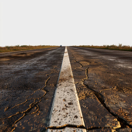 A long, cracked road stretches into the horizon, showcasing its weathered asphalt and rural landscape under a clear blue sky, perfect for travel imagery.の素材