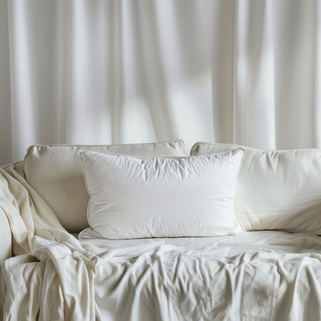 A cozy living room scene featuring soft textiles, a white sofa, and curtains filtering gentle light, creating an inviting space perfect for relaxation and comfort.の素材