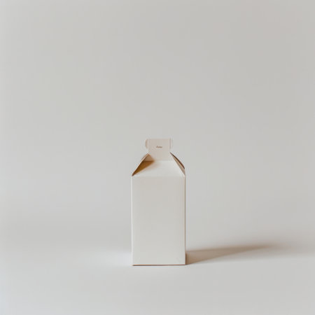 A clean and simple milk carton stands on a plain background, showcasing its minimalist design, ideal for various marketing strategies in food and beverage industries.の素材