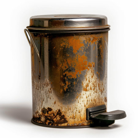 A distressed metal trash can featuring rust and an aged appearance, showcasing a foot pedal for easy access. Perfect for urban settings or vintage themes.の素材