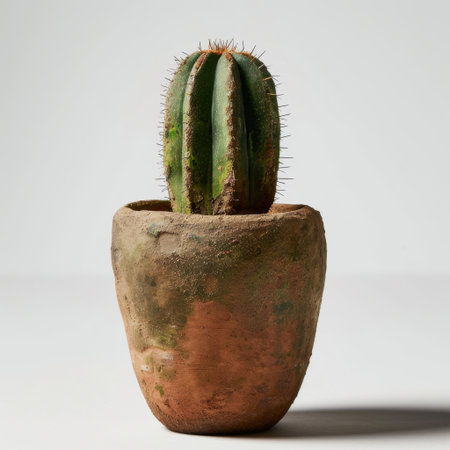 A striking green cactus sits in a rustic terracotta pot, creating a perfect blend of nature and modern design, ideal for indoor spaces and gardening enthusiasts.の素材