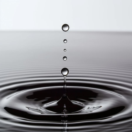 Captivating image of water droplets producing ripples on a smooth surface, showcasing the elegance and simplicity of liquid behavior in a minimalist style.の素材