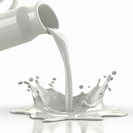 A vivid image of white milk pouring from a ceramic jug, creating elegant splashes in a glossy pool. This photo conveys freshness and culinary delight, perfect for various food and drink themes.の素材