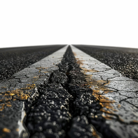 Close-up view of a cracked asphalt road showcasing detailed textures and clear markings, representing weathered surfaces in an empty landscape.の素材