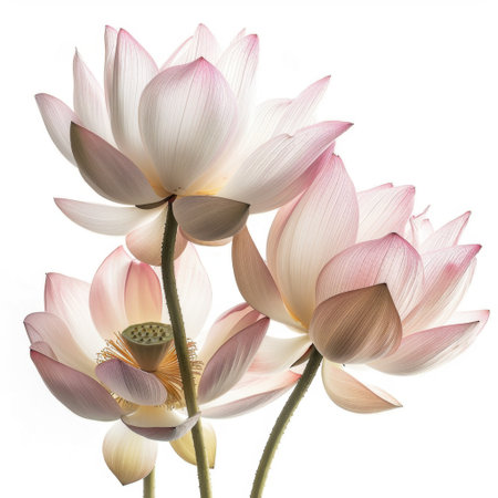 Stunning pink lotus flowers showcase delicate petals and green seed pods, creating a peaceful and serene atmosphere. Perfect for nature-themed projects and artwork.の素材