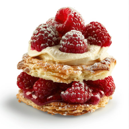 A stunning dessert creation features delicate pastry layers, rich cream, and fresh raspberries, all beautifully dusted with powdered sugar for a perfect gourmet treat.の素材