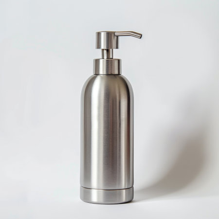 This elegant stainless steel bottle features a pump dispenser, ideal for personal care or liquid storage. Its sleek design complements any bathroom or kitchen decor.の素材